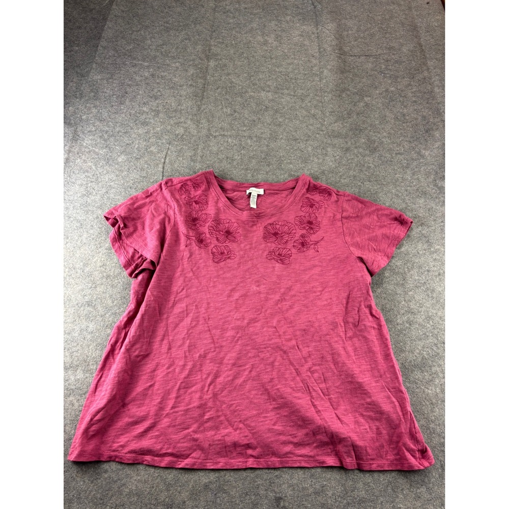 Ella Moss Magenta Pink Floral Embroidered Slub Knit T-Shirt XL